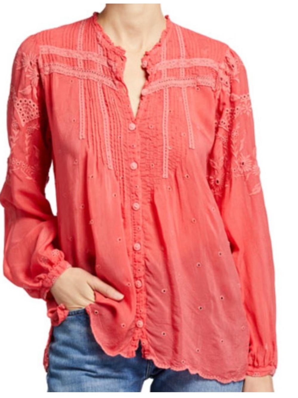 Johnny Was Helia Coral Flowy Embroidered Button-Front Blouse Eyelet Detail Small
